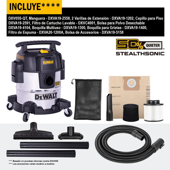 Aspiradora Seco/Mojado Dewalt Acero Inoxidable Silenciosa Stealthsonic 5 Gal 4 HP DXV05S-QT